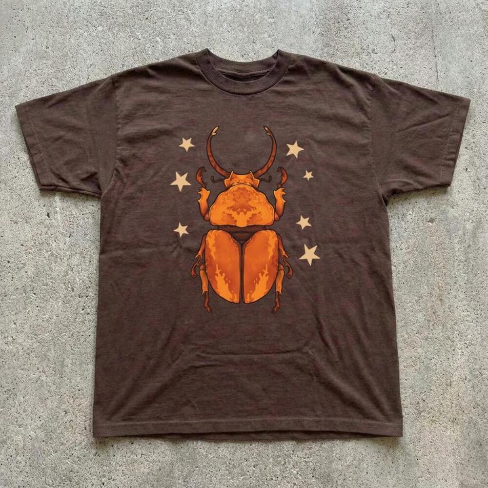 Brown Beetle Graphic Tee With Orange Accents